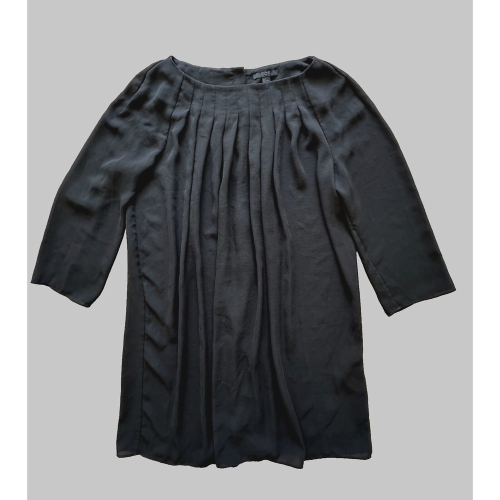 COS Black Tunic Top collar pleats and back buttons up 3/4 sleeve Women's size 6